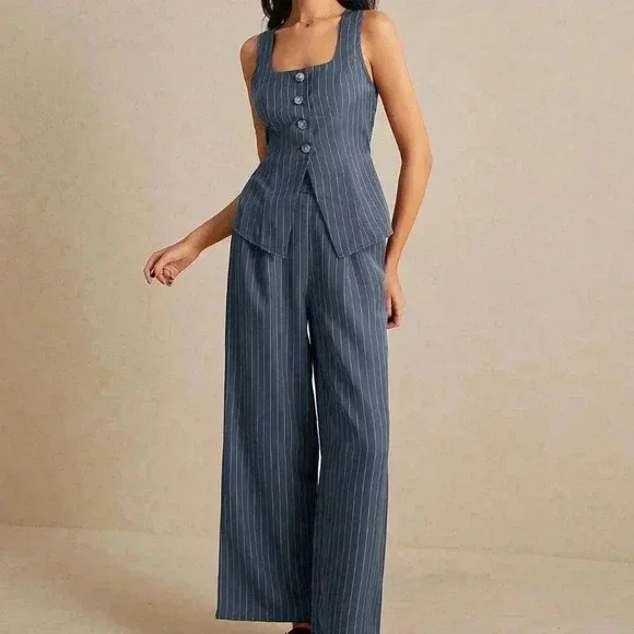 Gray Casual Women's Summer Old Money Striped Tank Top And Pants Set - Picture 6 of 8